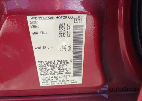 2017 Nissan Altima 2.5 Sv z USA, uszkodzony, nr VIN 1N4AL3AP4HC179216